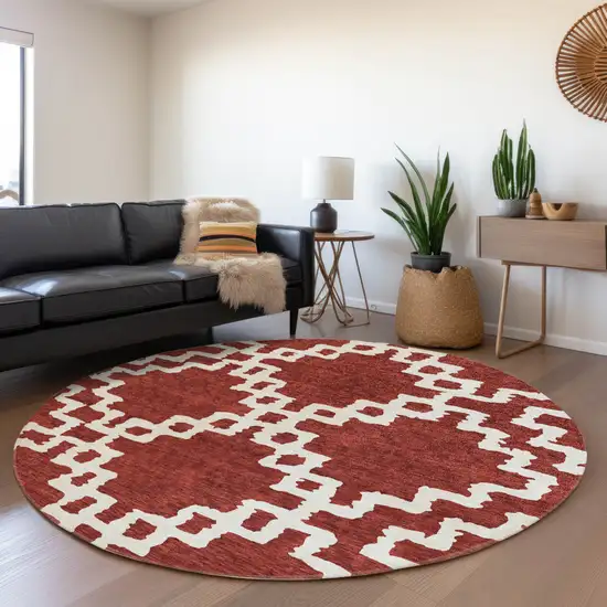 8' Brick Red And Ivory Abstract Geometric Washable Round Rug With UV Protection Photo 5