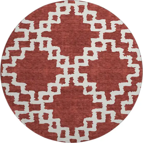 8' Brick Red And Ivory Abstract Geometric Washable Round Rug With UV Protection Photo 1