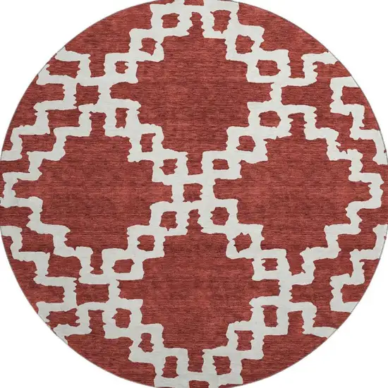 8' Brick Red And Ivory Abstract Geometric Washable Round Rug With UV Protection Photo 4