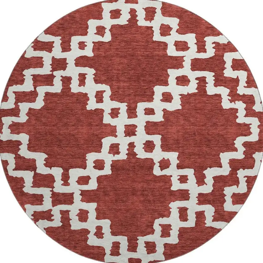 8' Brick Red And Ivory Abstract Geometric Washable Round Rug With UV Protection Photo 4