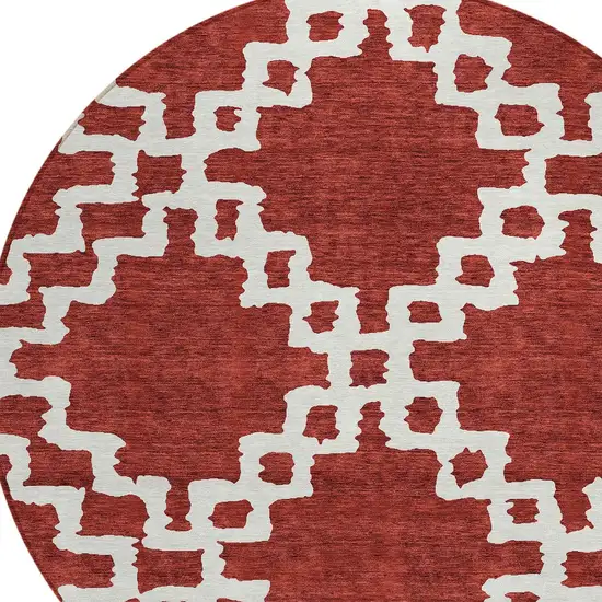 8' Brick Red And Ivory Round Geometric Washable Indoor Outdoor Area Rug Photo 4