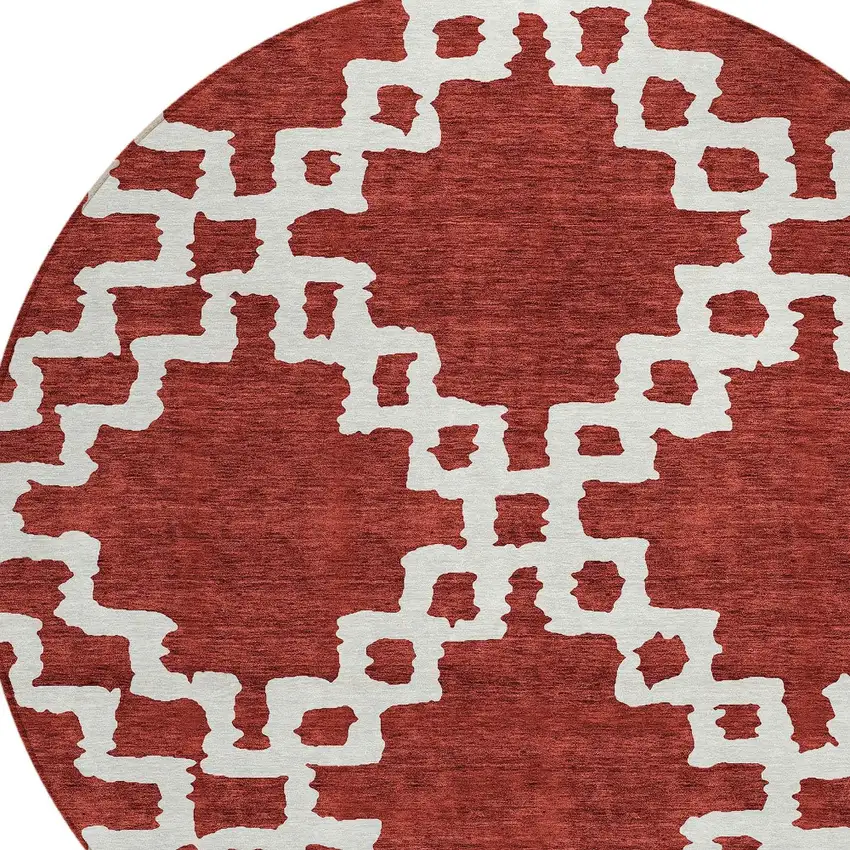 8' Brick Red And Ivory Round Geometric Washable Indoor Outdoor Area Rug Photo 4