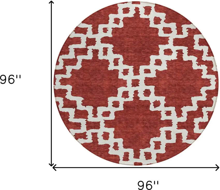 8' Brick Red And Ivory Round Geometric Washable Indoor Outdoor Area Rug Photo 3