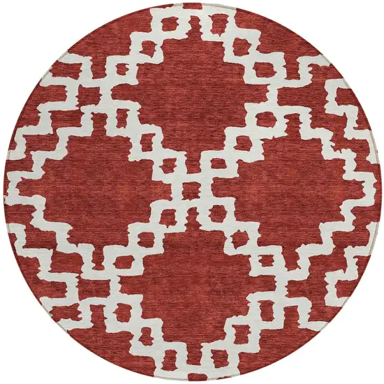 8' Brick Red And Ivory Round Geometric Washable Indoor Outdoor Area Rug Photo 6