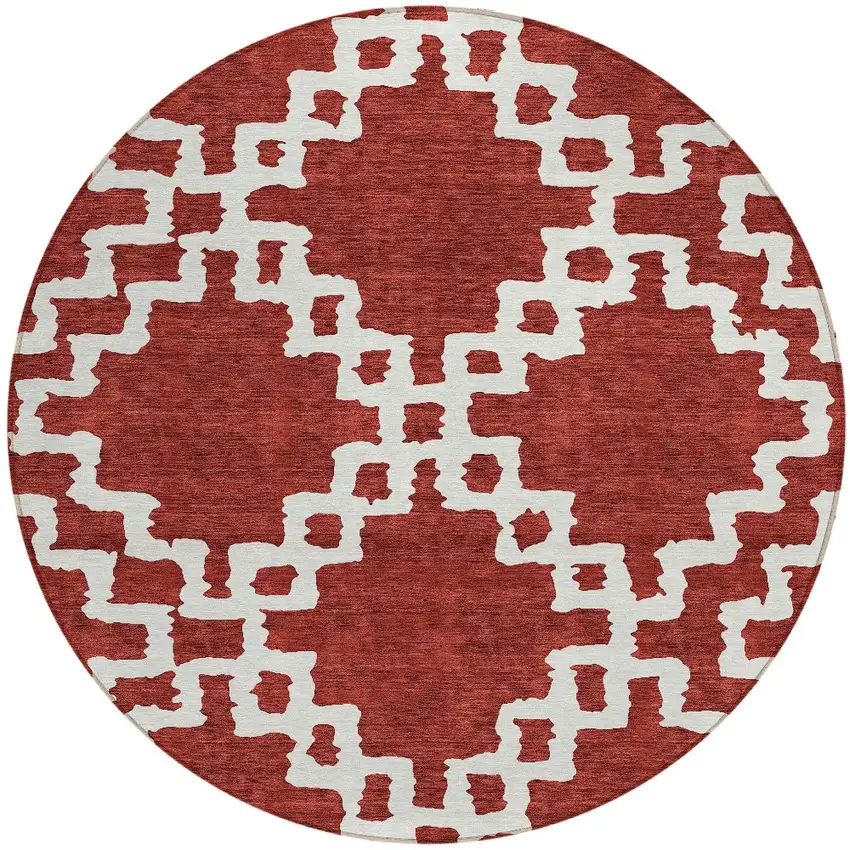 8' Brick Red And Ivory Round Geometric Washable Indoor Outdoor Area Rug Photo 6