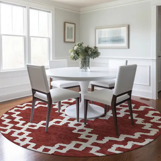 8' Brick Red And Ivory Round Geometric Washable Indoor Outdoor Area Rug Photo 8