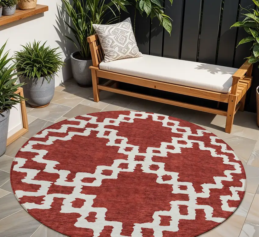 8' Brick Red And Ivory Round Geometric Washable Indoor Outdoor Area Rug Photo 1