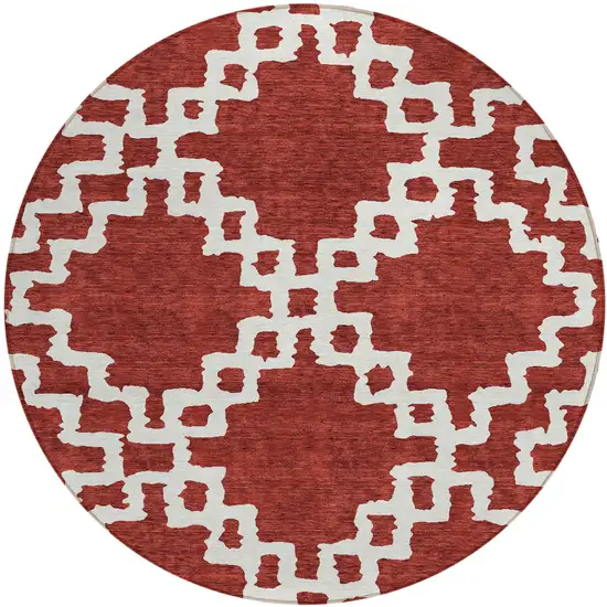 8' Brick Red And Ivory Round Geometric Washable Indoor Outdoor Area Rug Photo 2