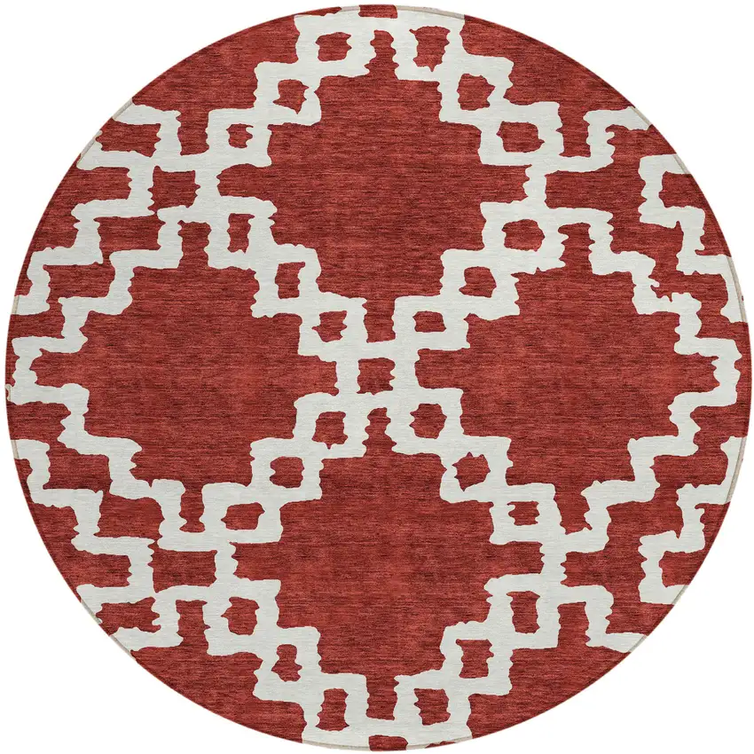 8' Brick Red And Ivory Round Geometric Washable Indoor Outdoor Area Rug Photo 2