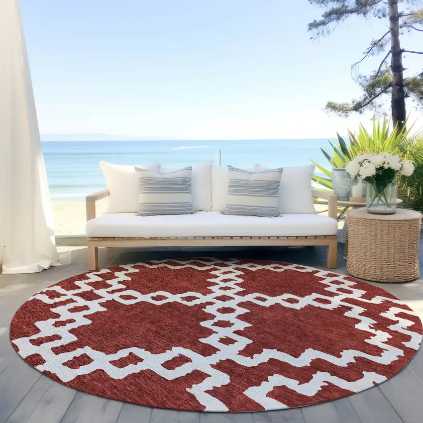 8' Brick Red And Ivory Round Geometric Washable Indoor Outdoor Area Rug Photo 7