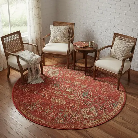 6' Brick Red And Tan Floral Distressed Non Skid Round Rug Photo 1
