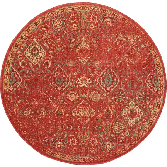 6' Brick Red And Tan Floral Distressed Non Skid Round Rug Photo 4