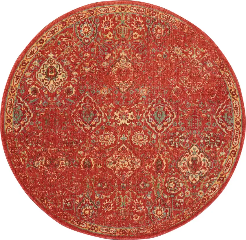 6' Brick Red And Tan Floral Distressed Non Skid Round Rug Photo 4