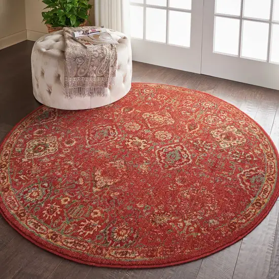 6' Brick Red And Tan Floral Distressed Non Skid Round Rug Photo 6