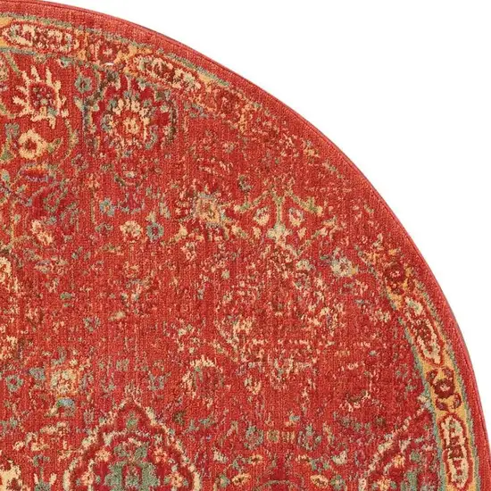 6' Brick Red And Tan Floral Distressed Non Skid Round Rug Photo 3