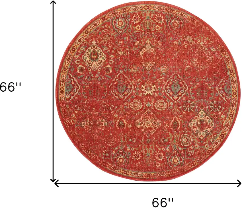 6' Brick Red And Tan Floral Distressed Non Skid Round Rug Photo 3