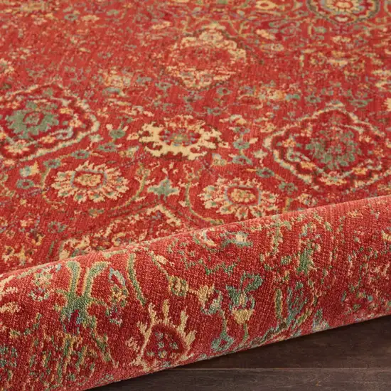 6' Brick Red And Tan Floral Distressed Non Skid Round Rug Photo 9