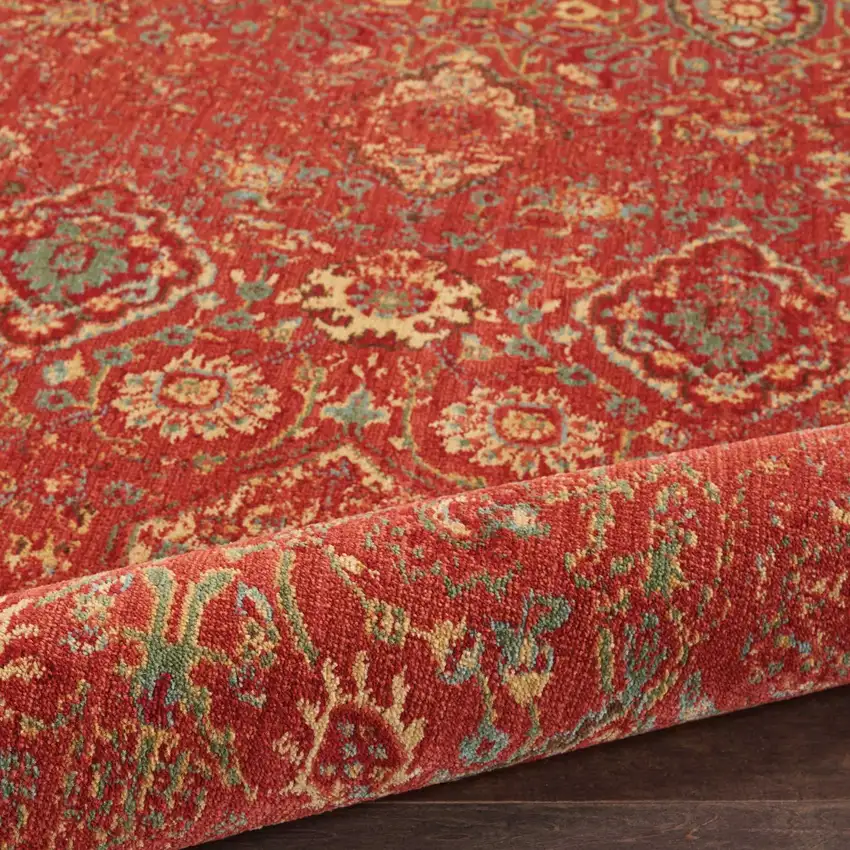 6' Brick Red And Tan Floral Distressed Non Skid Round Rug Photo 9