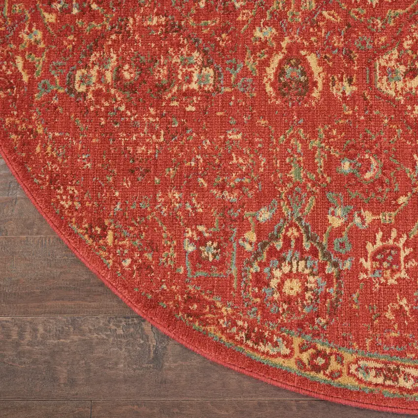 6' Brick Red And Tan Floral Distressed Non Skid Round Rug Photo 9