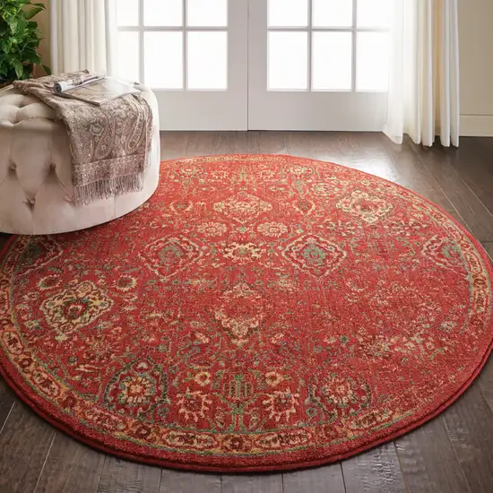 6' Brick Red And Tan Floral Distressed Non Skid Round Rug Photo 5