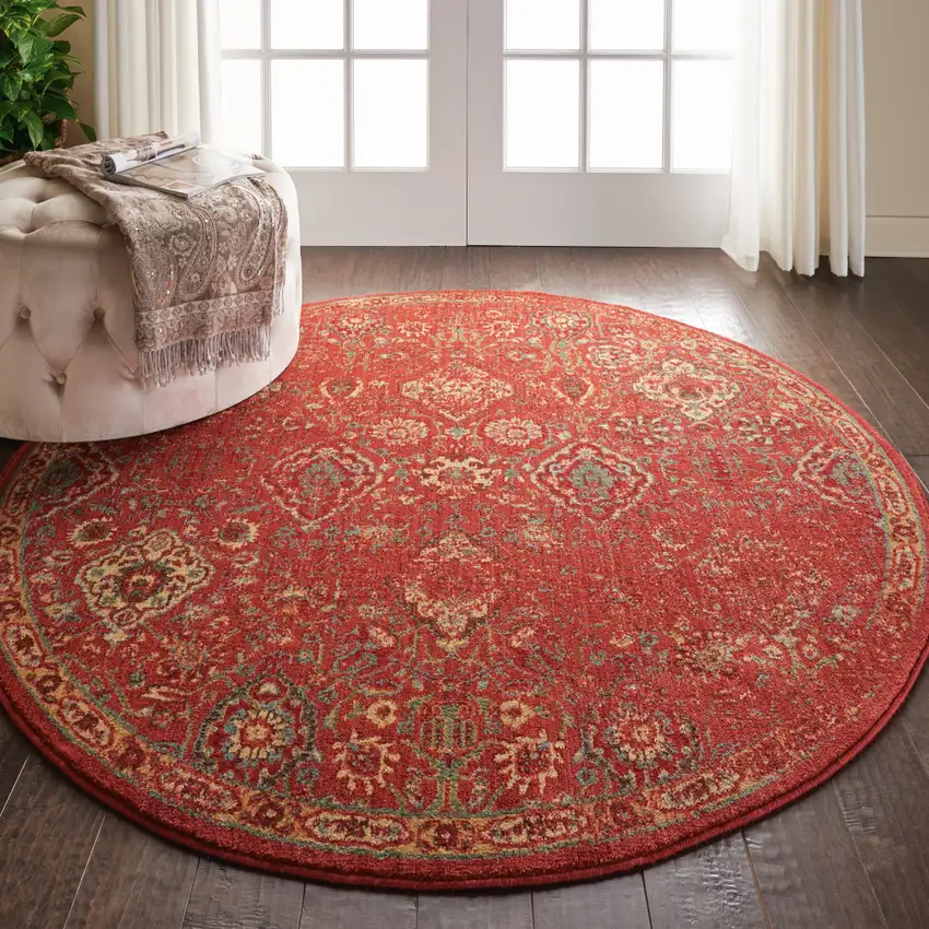 6' Brick Red And Tan Floral Distressed Non Skid Round Rug Photo 5