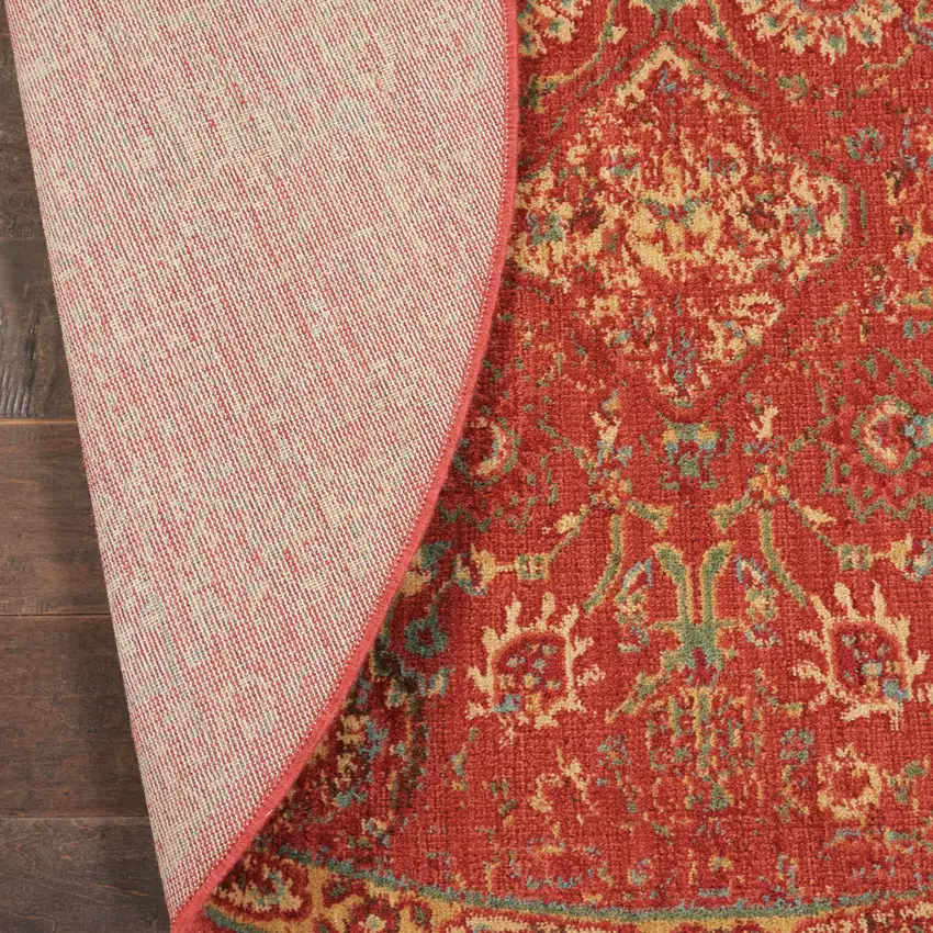 6' Brick Red And Tan Floral Distressed Non Skid Round Rug Photo 8