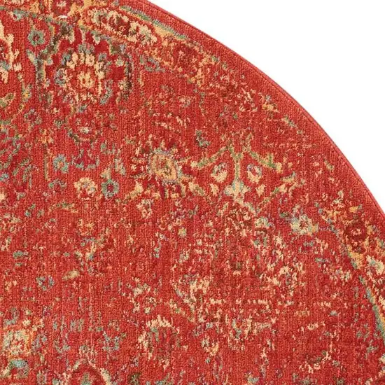 6' Brick Red And Tan Floral Distressed Non Skid Round Rug Photo 7
