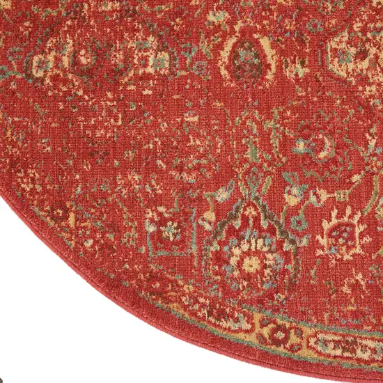 6' Brick Red And Tan Floral Distressed Non Skid Round Rug Photo 8