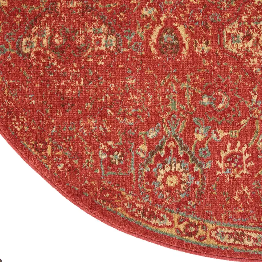 6' Brick Red And Tan Floral Distressed Non Skid Round Rug Photo 8