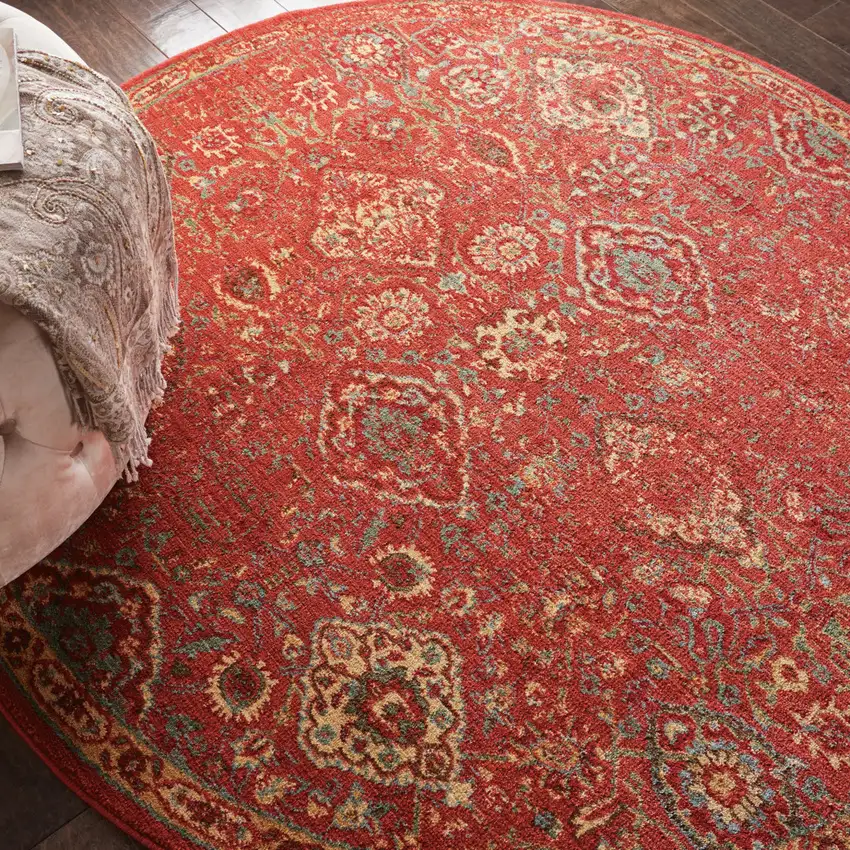 6' Brick Red And Tan Floral Distressed Non Skid Round Rug Photo 9