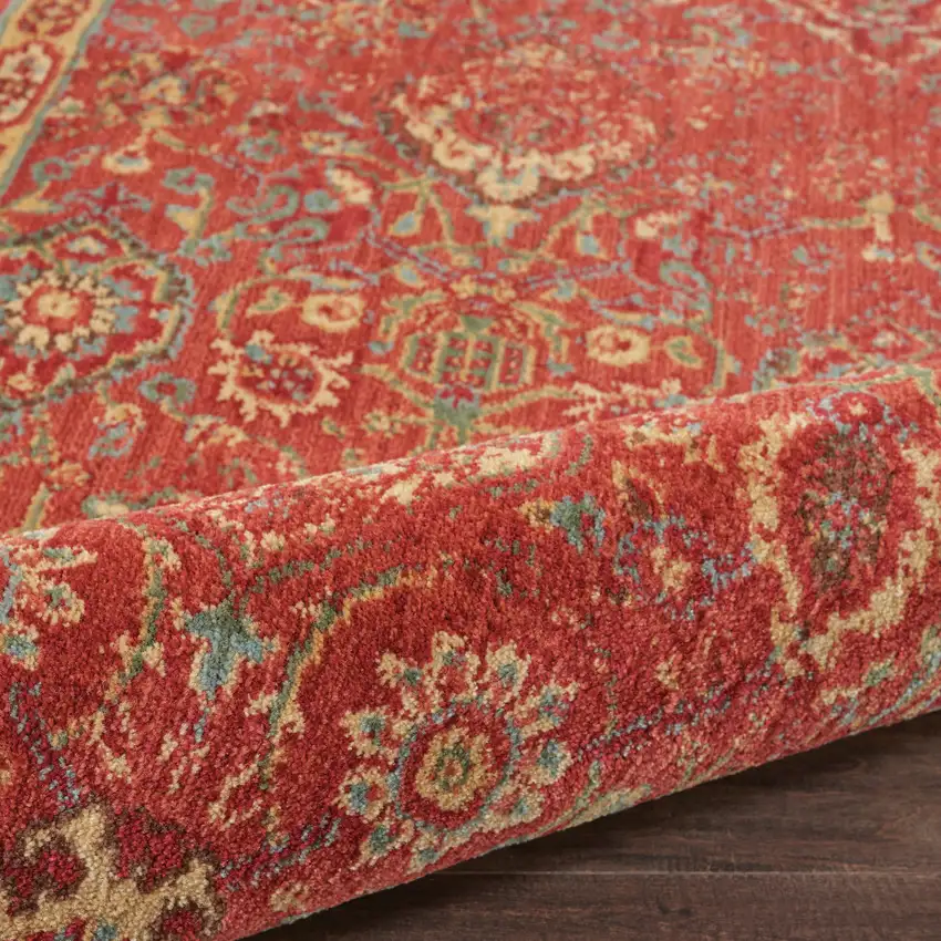 8' Brick Red And Tan Floral Distressed Non Skid Runner Rug Photo 8