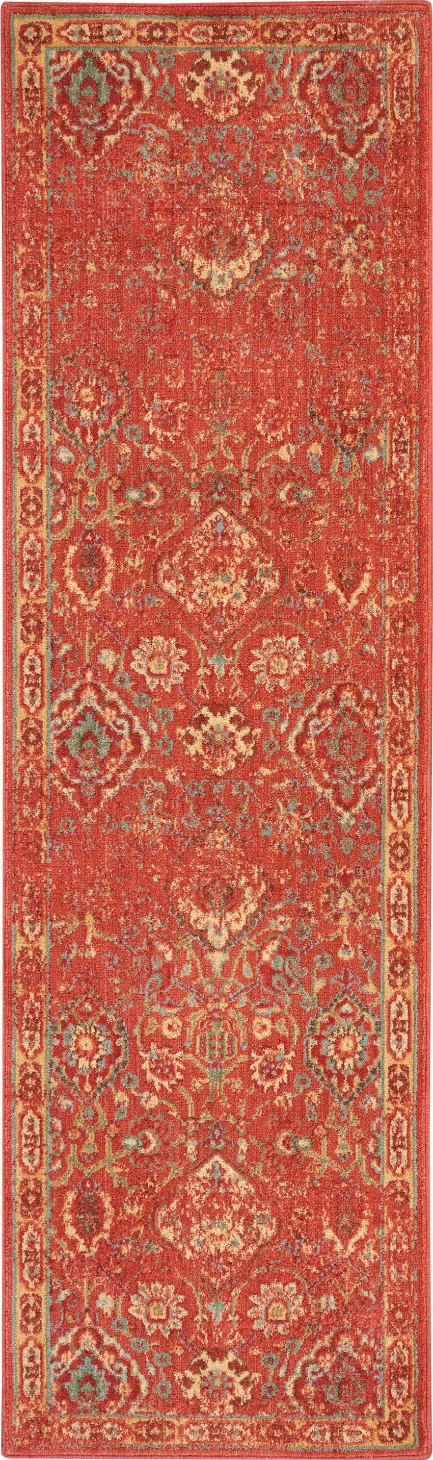 8' Brick Red And Tan Floral Distressed Non Skid Runner Rug Photo 9