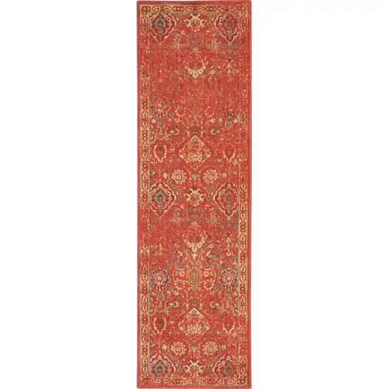 8' Brick Red And Tan Floral Distressed Non Skid Runner Rug Photo 9