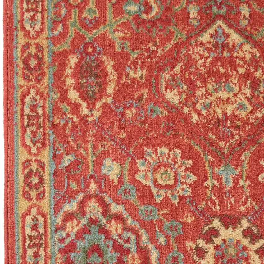 8' Brick Red And Tan Floral Distressed Non Skid Runner Rug Photo 2
