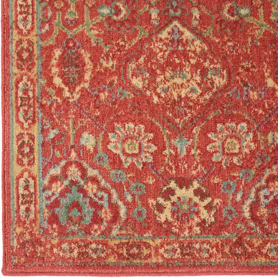 8' Brick Red And Tan Floral Distressed Non Skid Runner Rug Photo 3