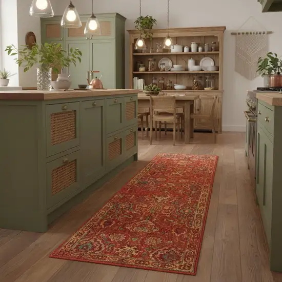 8' Brick Red And Tan Floral Distressed Non Skid Runner Rug Photo 1