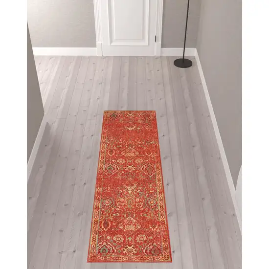8' Brick Red And Tan Floral Distressed Non Skid Runner Rug Photo 1