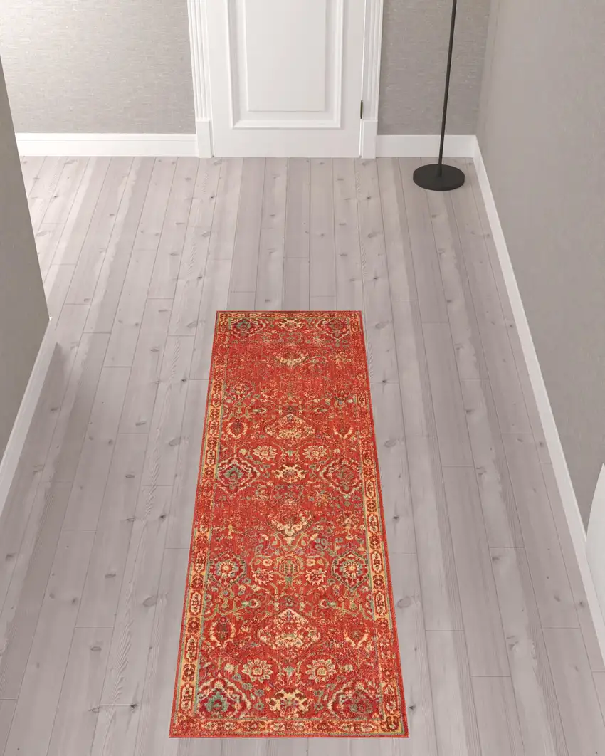 8' Brick Red And Tan Floral Distressed Non Skid Runner Rug Photo 1