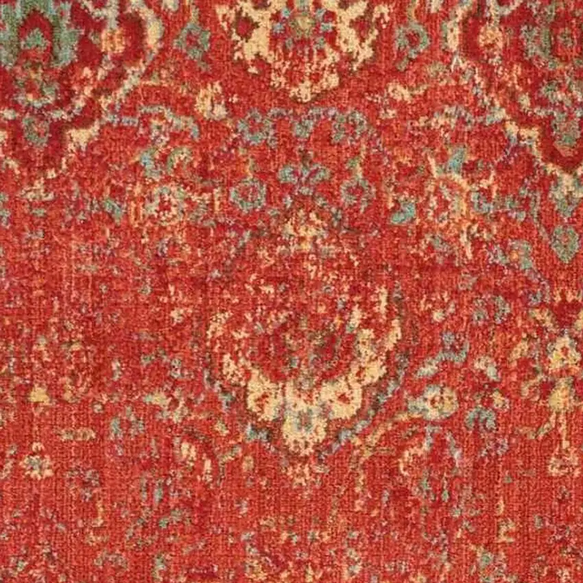 8' Brick Red And Tan Floral Distressed Non Skid Runner Rug Photo 6