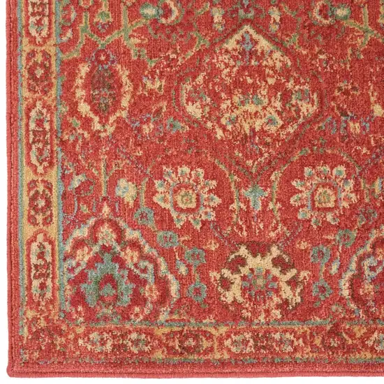 8' Brick Red And Tan Floral Distressed Non Skid Runner Rug Photo 4