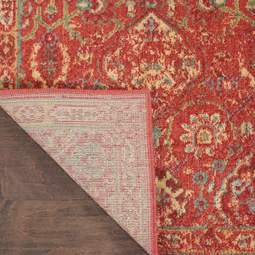 8' Brick Red And Tan Floral Distressed Non Skid Runner Rug Photo 9
