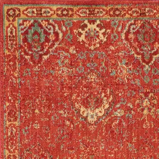 8' Brick Red And Tan Floral Distressed Non Skid Runner Rug Photo 7