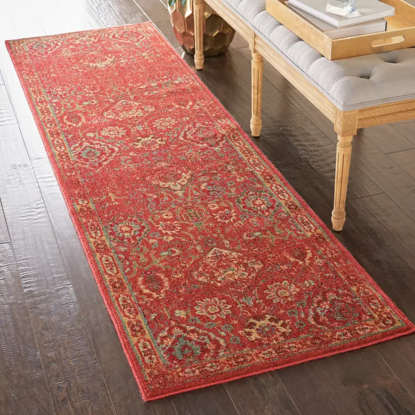 8' Brick Red And Tan Floral Distressed Non Skid Runner Rug Photo 5