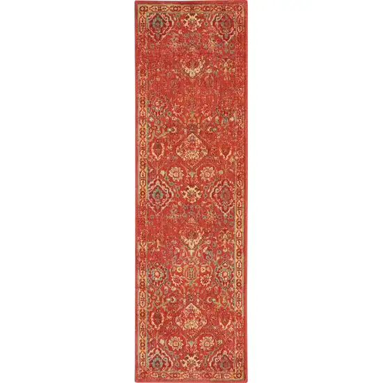 6' Brick Red And Tan Floral Distressed Non Skid Runner Rug Photo 6