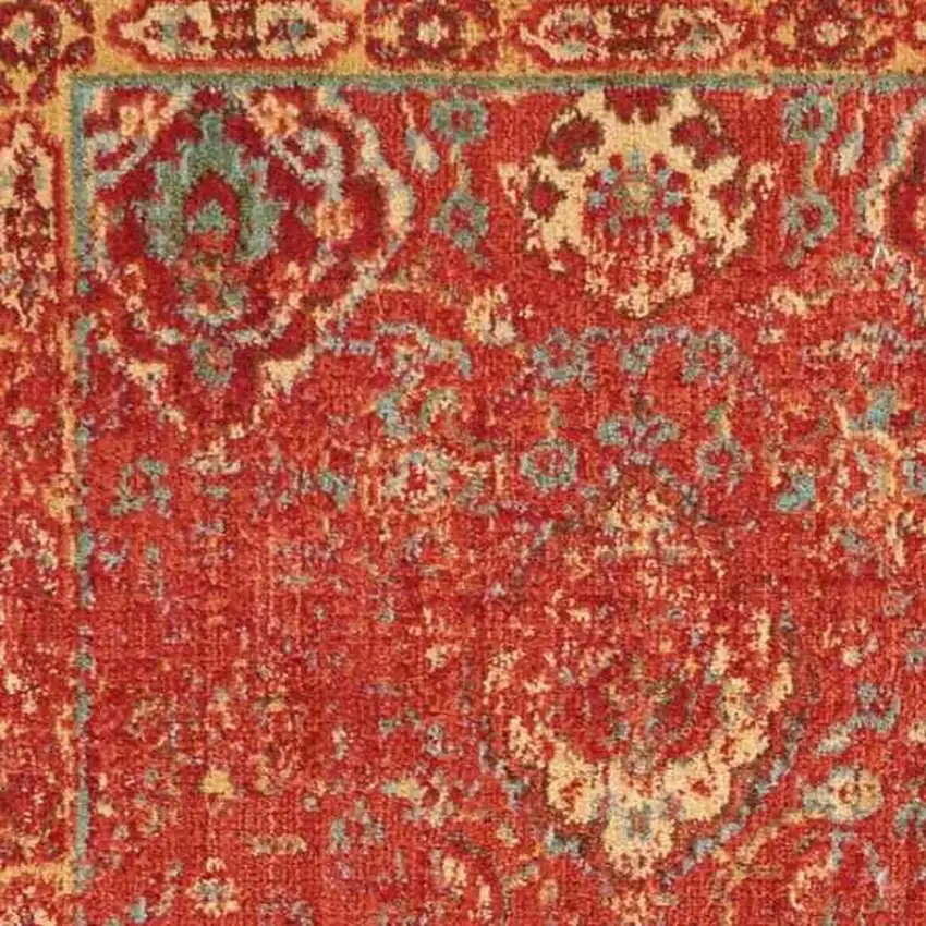 6' Brick Red And Tan Floral Distressed Non Skid Runner Rug Photo 7