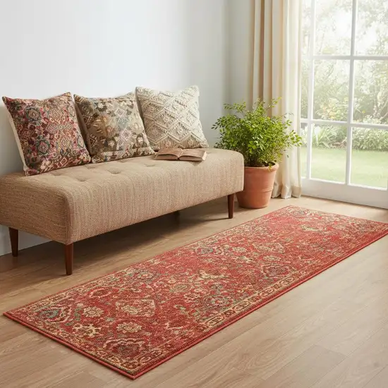 6' Brick Red And Tan Floral Distressed Non Skid Runner Rug Photo 1