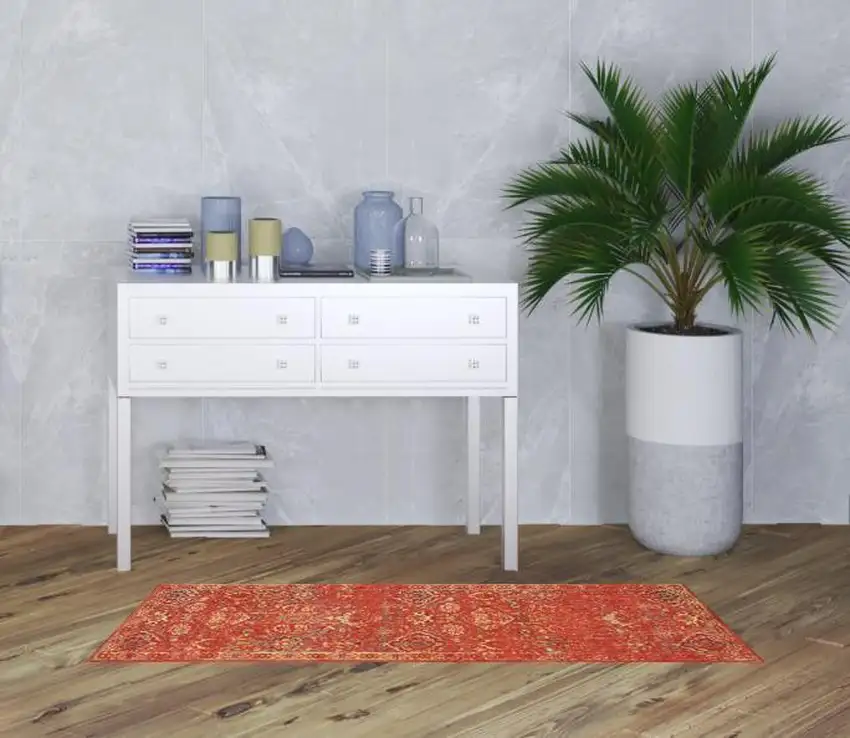 6' Brick Red And Tan Floral Distressed Non Skid Runner Rug Photo 1