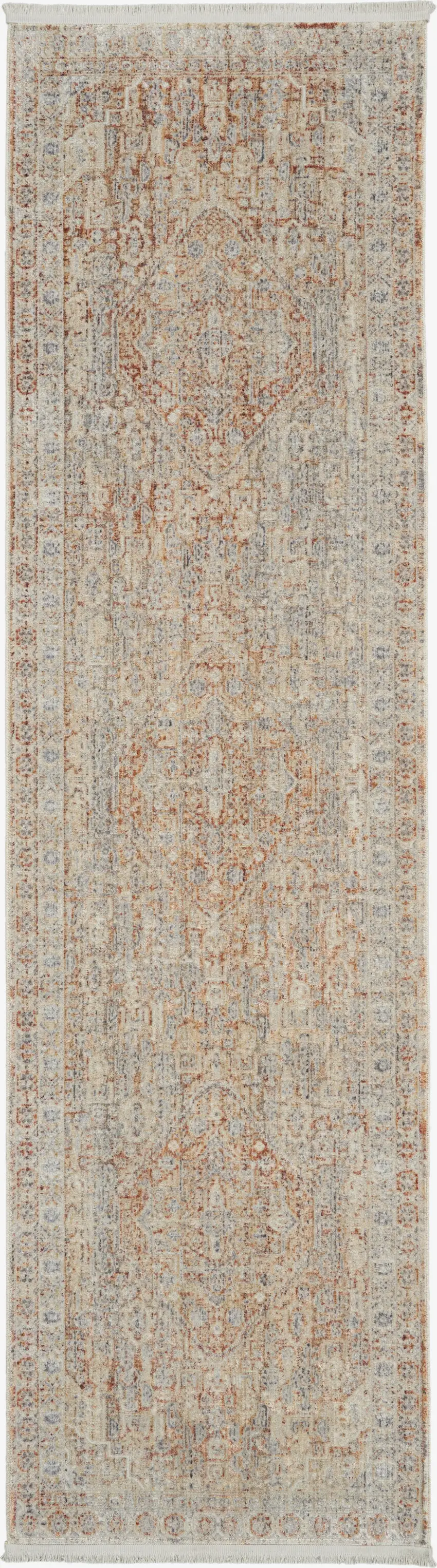 8' Brick Red Gray And Cream Floral Non Skid Runner Rug With Fringe Photo 2