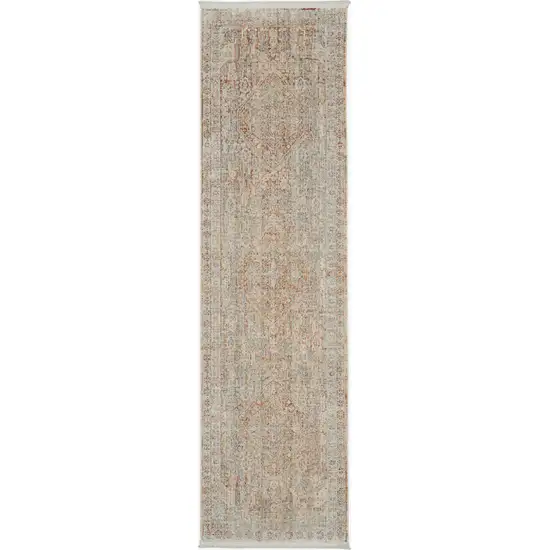 8' Brick Red Gray And Cream Floral Non Skid Runner Rug With Fringe Photo 2