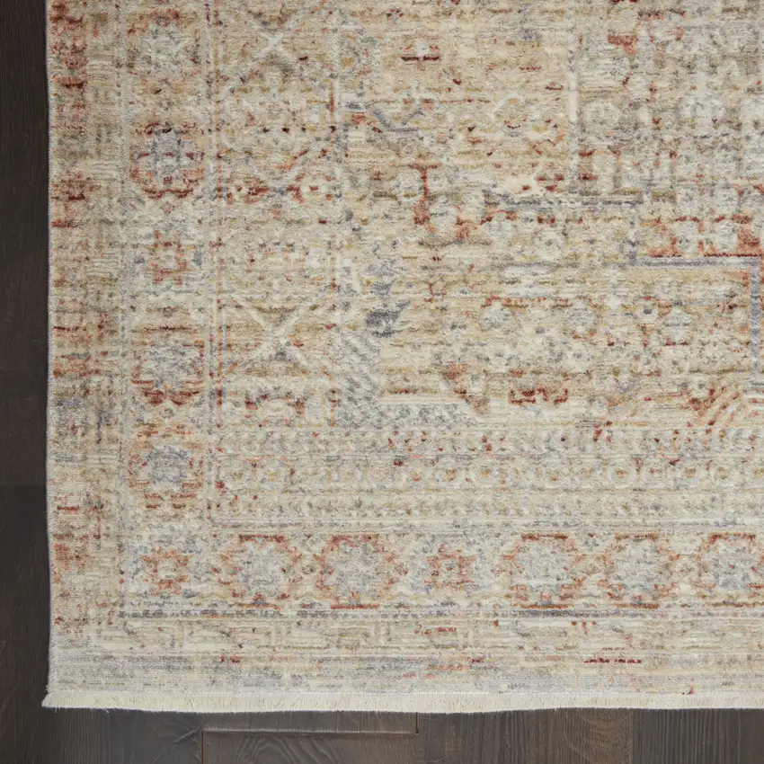 8' Brick Red Gray And Cream Floral Non Skid Runner Rug With Fringe Photo 8